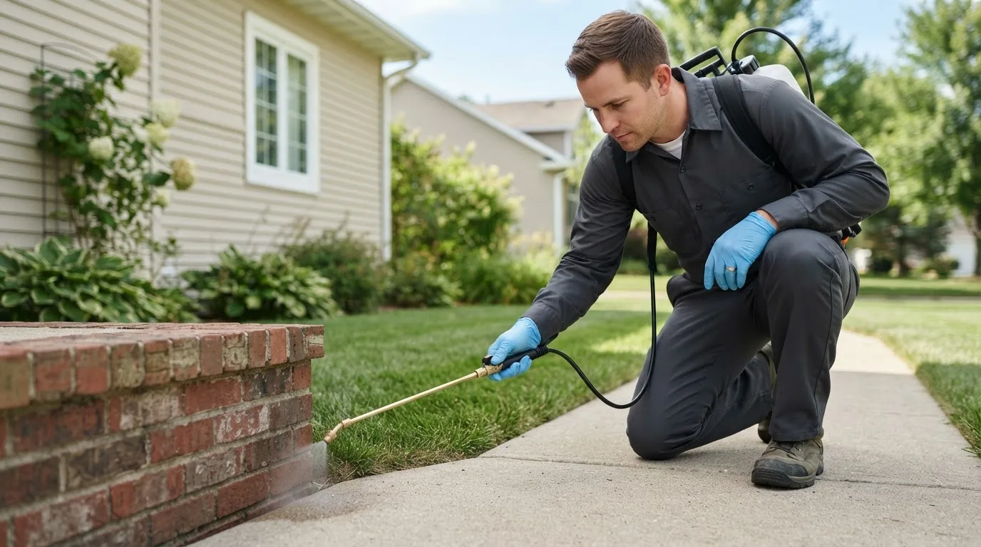 Pest control technician treating a home near Hanover, NH